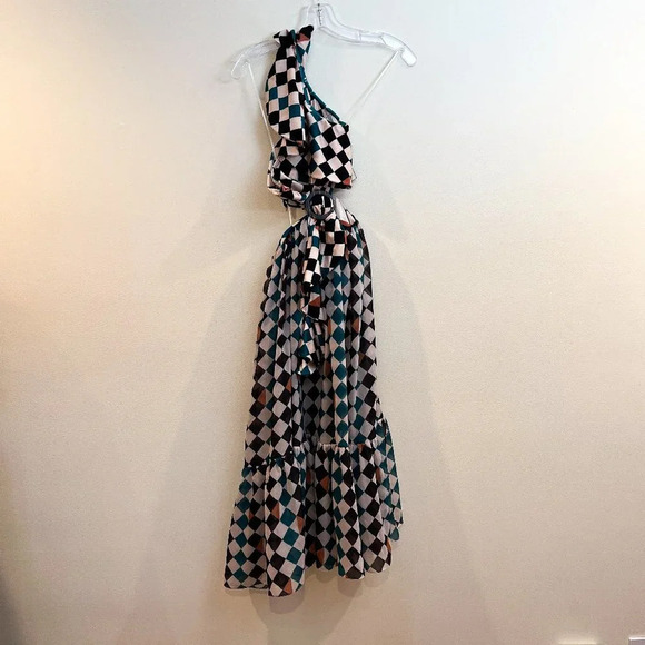 Patbo Check Printed Teal Multi One Shoulder Knee Length Beach Midi Dress S NWT - Picture 2 of 10